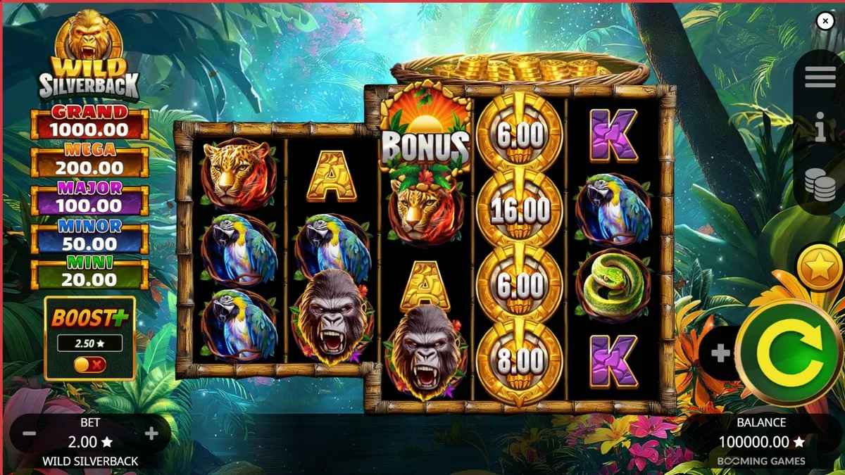 Pemandangan hutan lebat dengan simbol gorila dalam slot Wild Silverback